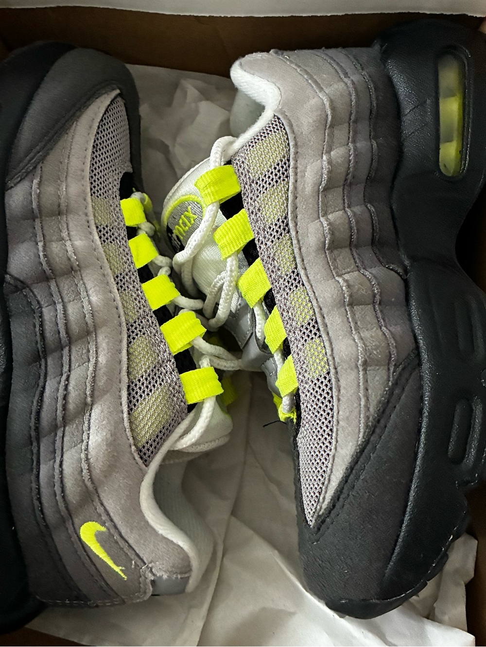 Nike Kids Grey and Neon Yellow Air Max 95 Sneakers
